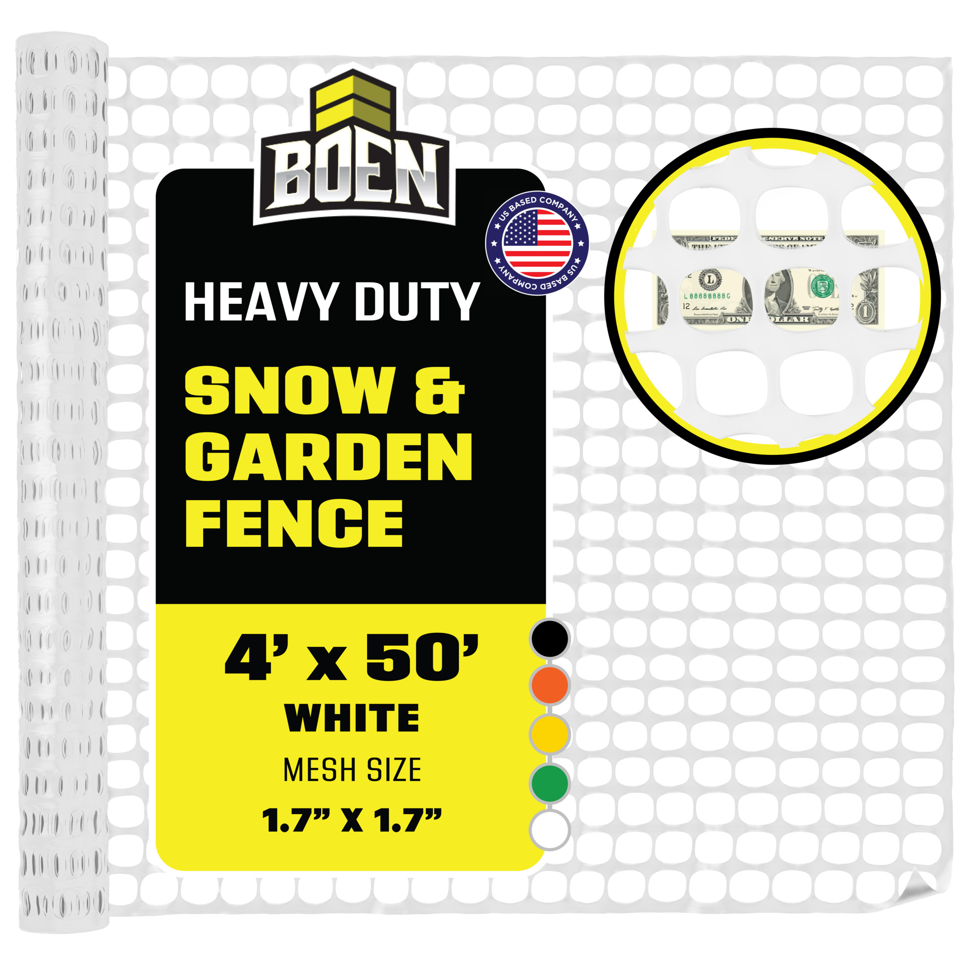 Boen White Safety Fence, 4 ft x 50 ft, Temporary Construction Fencing, Mesh Snow Fence, Plastic Garden Netting, Above Ground Barrier, for Deer, Kids, Swimming Pool, Silt, Lawn, Rabbits, Poultry, Dogs